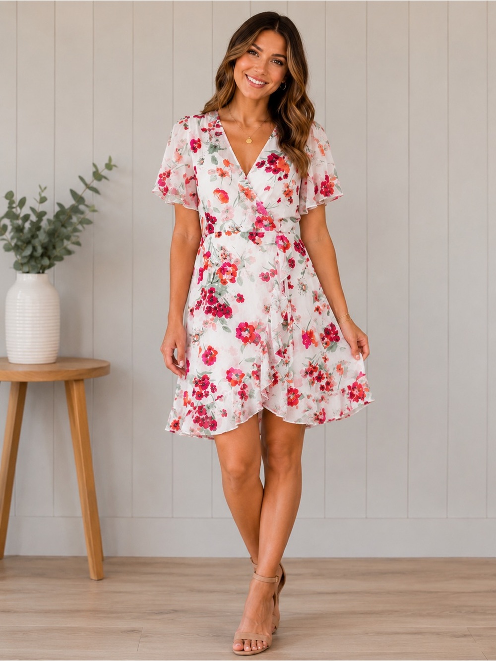 Calvin Klein Floral Wrap Midi Dress in White with Pink Floral Print